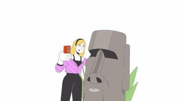 Happy blonde woman taking selfie with moai statue line 2D character animation. Easter island flat color cartoon 4K , alpha channel. Caucasian female traveler animated person on white background video