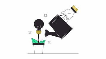 Supporting new ideas line 2D character hand animation. Watering plant with lightbulb flat color cartoon 4K , alpha channel. Caring about innovation development animated hand on white background video