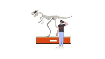 Hispanic man looking at tyrannosaurus rex fossil exhibit line 2D character animation. Natural history museum flat color cartoon 4K, alpha channel. Latino guy animated person on white background video