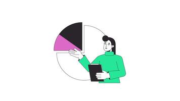 Business data presentation line 2D animation. Hindu woman with pie chart diagram 4K motion graphic. Commercial activity report linear animated cartoon flat concept, white background video