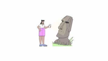 Curvy latina tourist taking of moai statue line 2D character animation. Easter island flat color cartoon 4K , alpha channel. Hispanic female with phone animated person on white background video