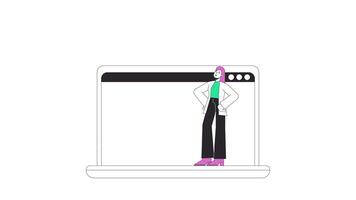 Online startup line 2D animation. Japanese businesswoman controlling launch on laptop 4K motion graphic. Developing e business project linear animated cartoon flat concept, white background video