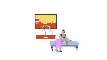 Hindu woman taking rest on museum bench line 2D character animation. Looking at velociraptor fossil exhibit flat color cartoon 4K , alpha channel. Indian lady animated person on white background video