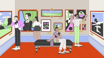 Art gallery visitors line cartoon animation. Crowded museum with artworks 4K motion graphic. Multinational people enjoying famous paintings 2D linear animated characters on interior background video
