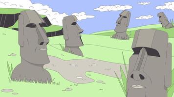 Easter island Moai statues line cartoon animation. Mysterious world heritage 4K motion graphic. Clouds drift. Monolithic human figures 2D linear animated landscape on Chile Rapa Nui background video