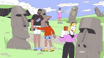 Tourists visit Easter island line cartoon animation. Rapa nui park 4K motion graphic. Diverse travelers taking s of Moai statues 2D linear animated characters on landscape background video