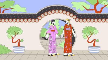 Japan female tourists in front of moon gate arch line cartoon animation. Asia tourism 4K motion graphic. Foreigner kimono women 2D linear animated characters on traditional landmark background video