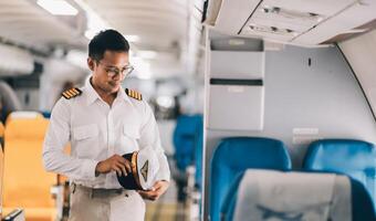 Portrait of a trained airplane captain in uniform preparing to fly in a simulator cockpit. photo