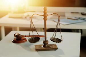 Law theme, gavel or mallet of the judge, lawyer enforcement officers, evidence-based cases taken into account in the court abount business, legislation. photo
