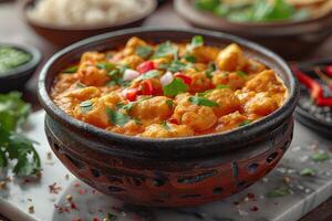 Japanese curry with rice and chives in a bowl on the table. Rice with curry and chicken in a bowl photo