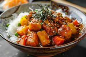 Japanese curry with rice and chives in a bowl on the table. Rice with curry and chicken in a bowl photo