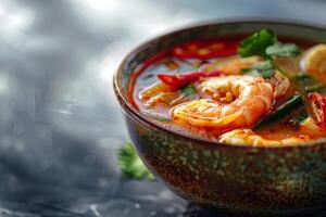 Tom yum soup with shrimps and basil in bowl, closeup. Thai food photo