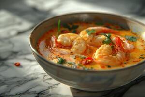 Tom yum soup with shrimps and basil in bowl, closeup. Thai food photo