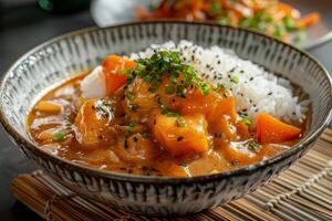 Japanese curry with rice and chives in a bowl on the table. Rice with curry and chicken in a bowl photo