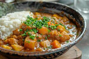 Japanese curry with rice and chives in a bowl on the table. Rice with curry and chicken in a bowl photo