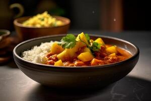 Japanese curry with rice and chives in a bowl on the table. Rice with curry and chicken in a bowl photo