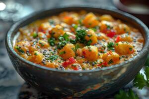Japanese curry with rice and chives in a bowl on the table. Rice with curry and chicken in a bowl photo