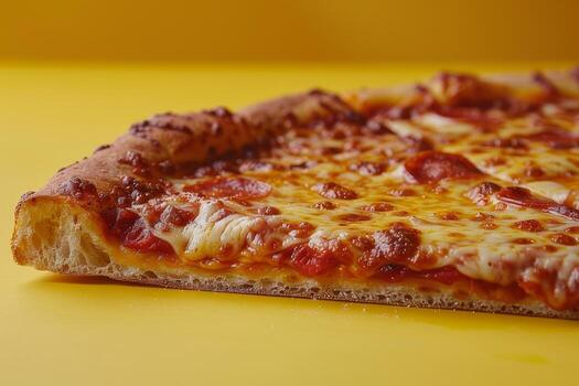 Pizza with pepperoni on a yellow background. Close-up photo