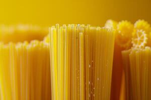 Close up of uncooked spaghetti pasta on yellow background. Selective focus. photo