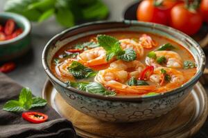 Tom yum soup with shrimps and basil in bowl, closeup. Thai food photo
