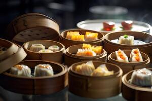 Chinese dim sum dumplings in bamboo steamer photo