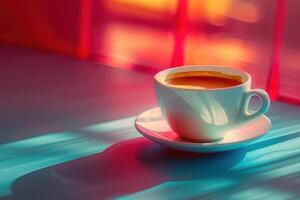 Cup of coffee on the table in the cafe. Colorful background. photo