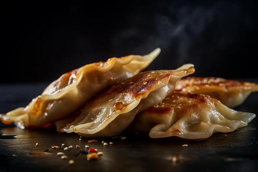japonés gyoza empanadillas en un lámina. japonés al vapor empanadillas foto