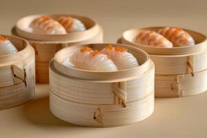 Chinese dim sum dumplings in bamboo steamer photo
