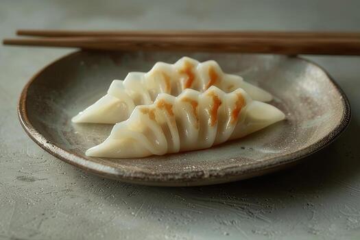 japonés gyoza empanadillas en un lámina. japonés al vapor empanadillas foto