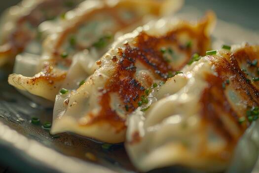 japonés gyoza empanadillas en un lámina. japonés al vapor empanadillas foto