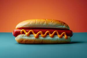 Hot dog with mustard and ketchup on orange and blue background. photo