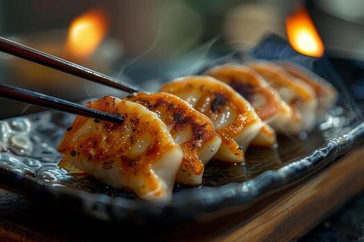 japonés gyoza empanadillas en un lámina. japonés al vapor empanadillas foto