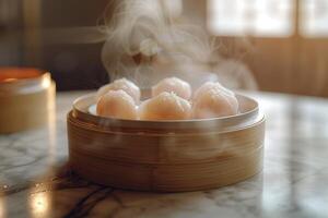 Chinese dim sum dumplings in bamboo steamer photo