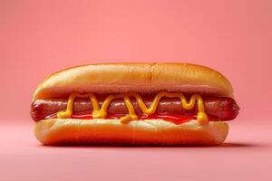 Hot dog with ketchup and mustard on a pink background photo