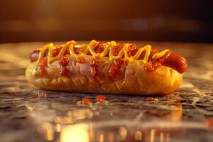 Hot dog with sausage on white marble table in modern kitchen, closeup photo