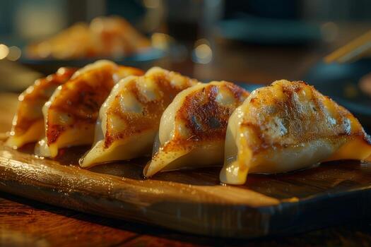 japonés gyoza empanadillas en un lámina. japonés al vapor empanadillas foto