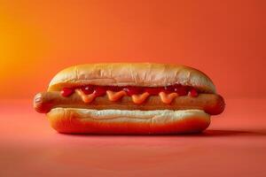 Hot dog with ketchup and mustard on a pink background photo