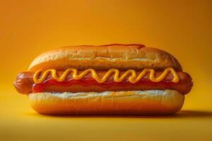 Hot dog with mustard and ketchup on yellow background, fast food photo