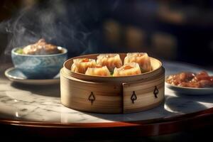 Chinese dim sum dumplings in bamboo steamer photo