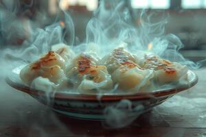 Japanese gyoza dumplings on a plate. Japanese steamed dumplings photo