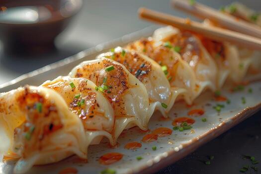 japonés gyoza empanadillas en un lámina. japonés al vapor empanadillas foto