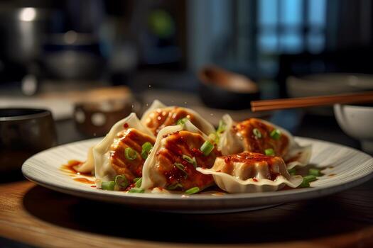 japonés gyoza empanadillas en un lámina. japonés al vapor empanadillas foto