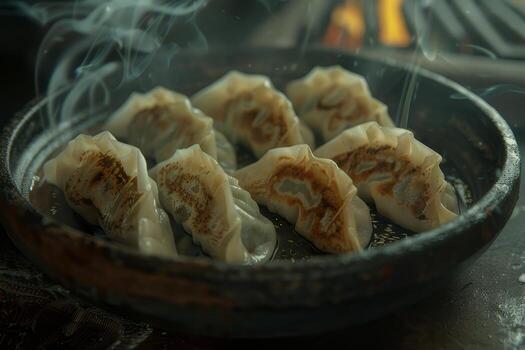 japonés gyoza empanadillas en un lámina. japonés al vapor empanadillas foto