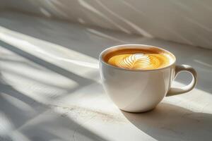 Cup of coffee with latte art on white table in sunlight photo