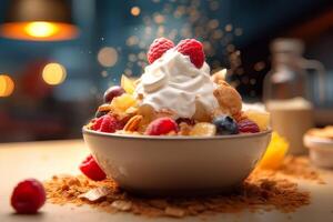 Delicious Bingsu with whipped cream, caramel, and fresh raspberries photo