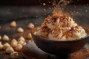 Cup of Bingsu or Bingso with whipped cream and hazelnuts on dark background photo