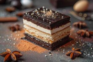 Chocolate cake with cream and chocolate sprinkles on a dark background photo