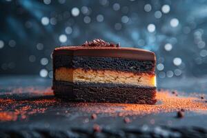 Chocolate cake with cream and chocolate sprinkles on a dark background photo