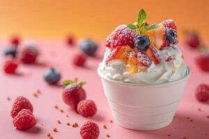 Delicious Bingsu with whipped cream, caramel, and fresh raspberries photo