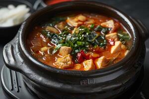 Sundubu jjigae with tofu, green onion, and kimchi in a clay pot. Korean food photo
